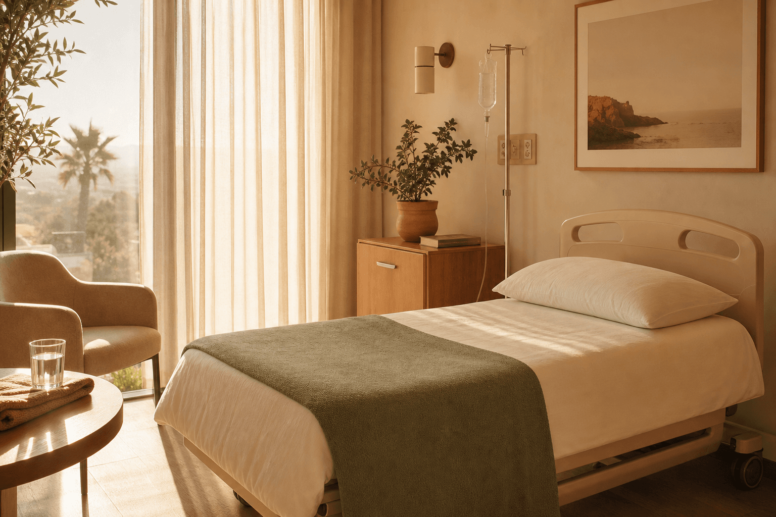 Calm sun-drenched detox bedroom in a Northbound Southern California treatment center, prepared for a new client.