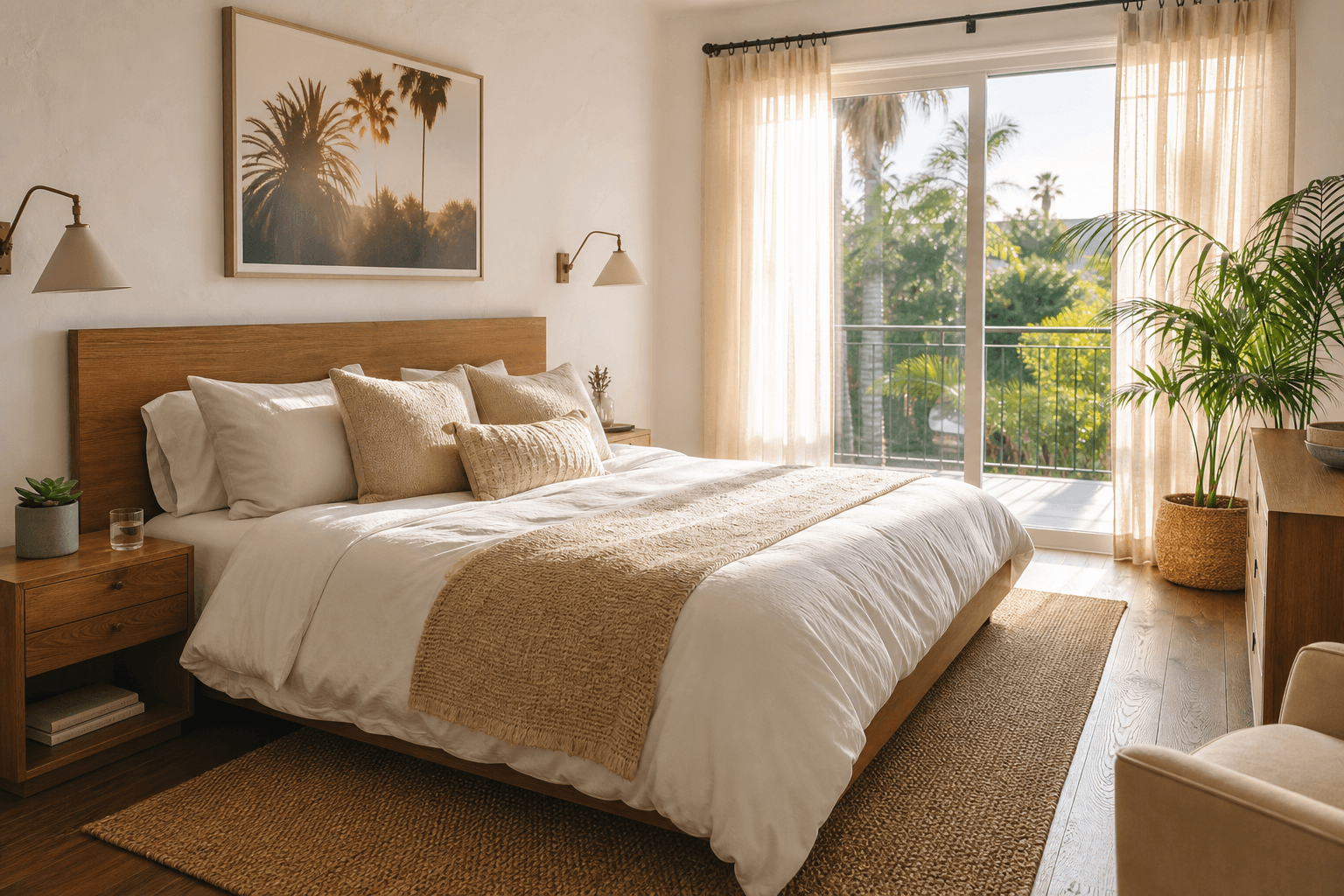Calm sun-drenched detox bedroom in a Northbound Southern California treatment center, prepared for a new client.