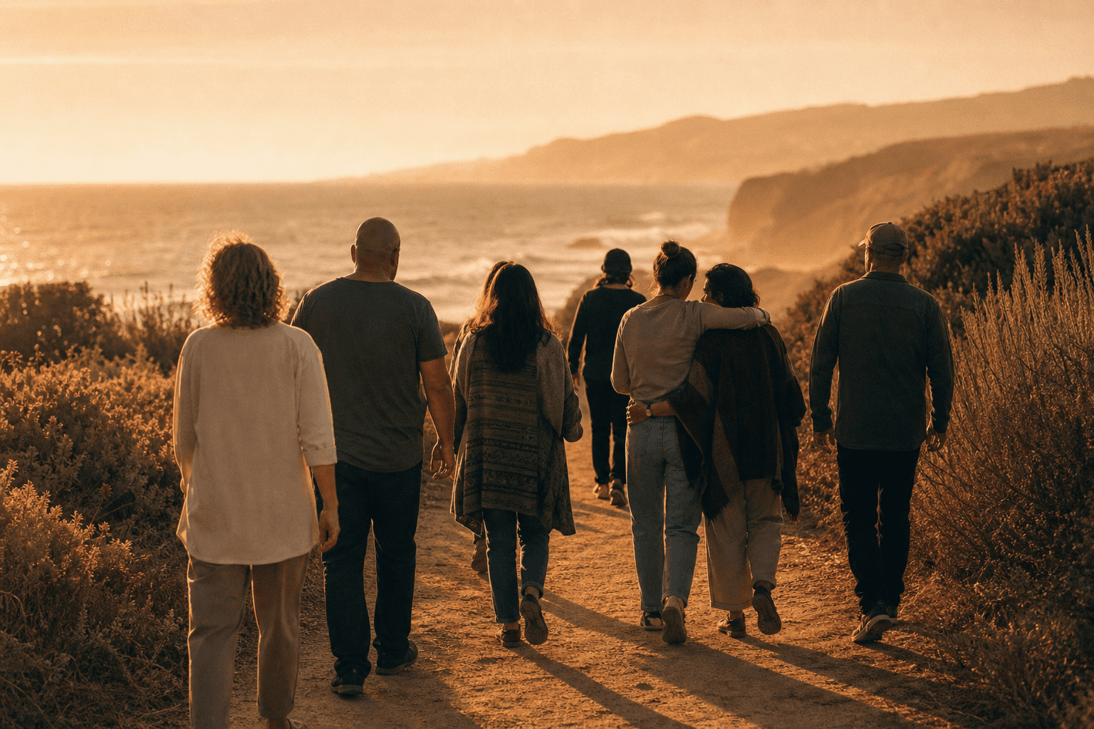 Northbound alumni walking together along a coastal path at golden hour, embodying long-term recovery.